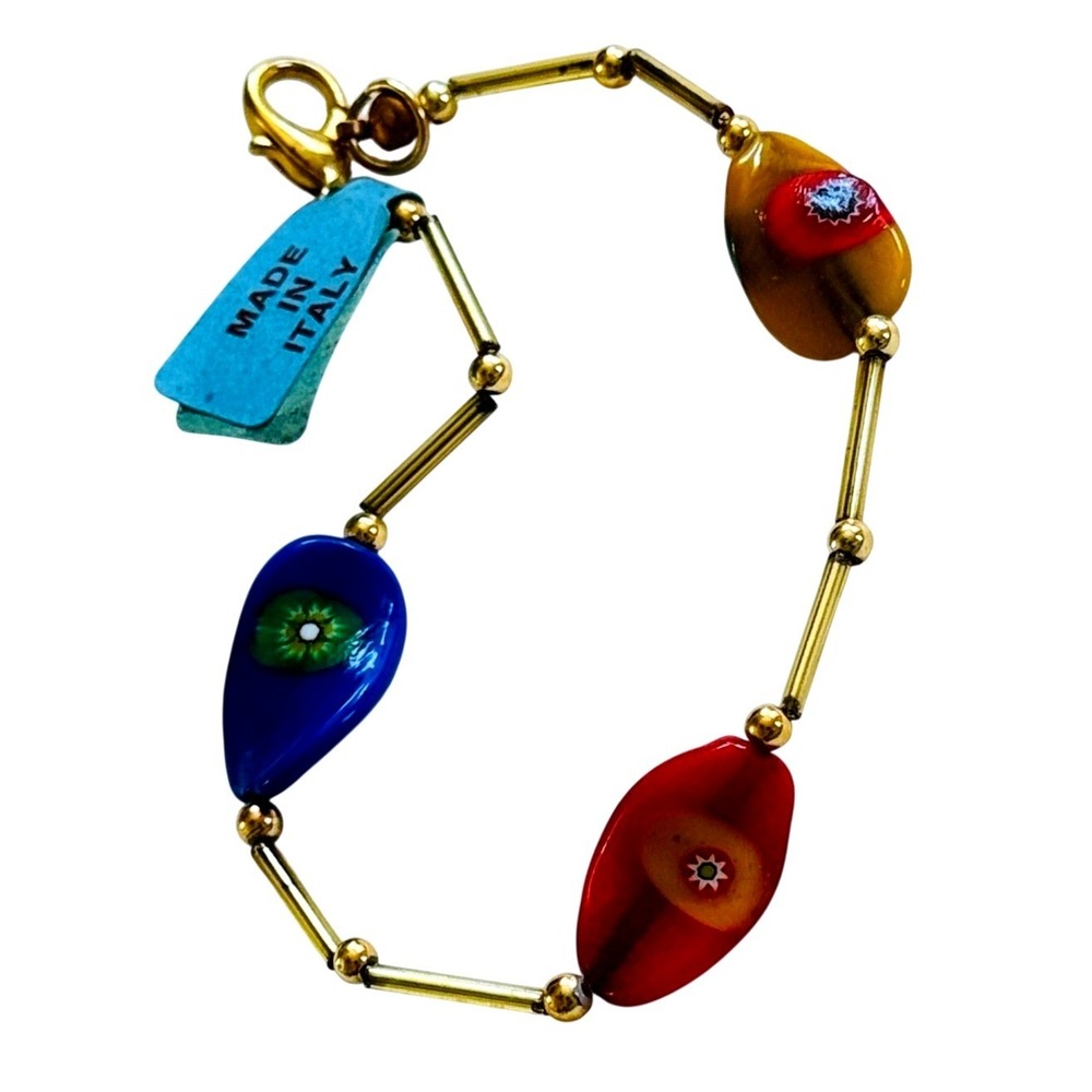 VTG colorful Bracelet Murano Venetian‎ Millefiori Art Glass gold beads Estate 7"